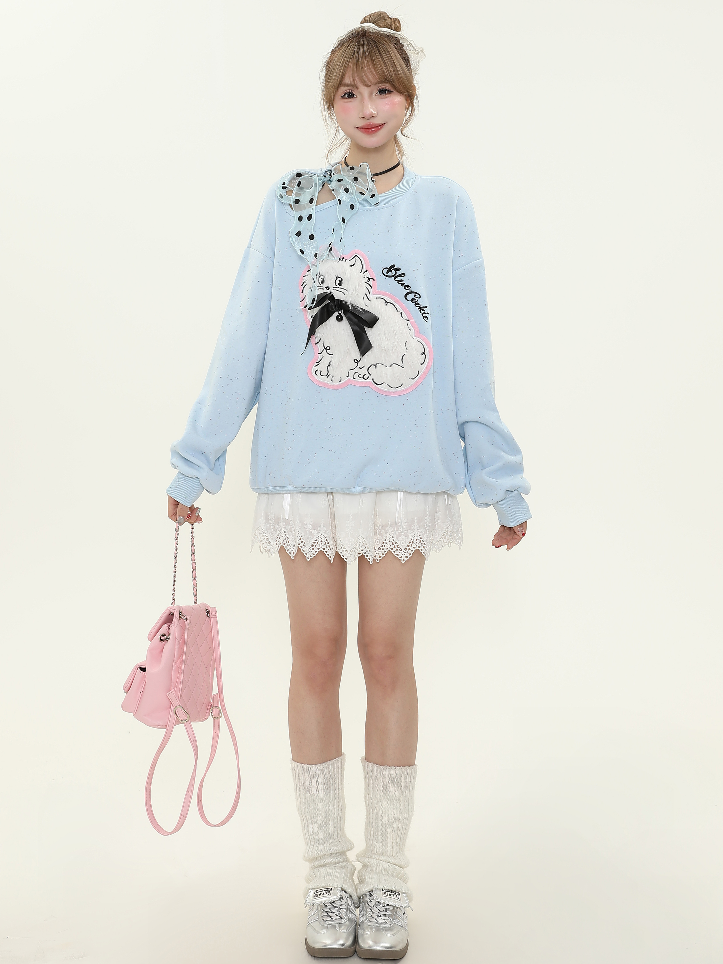 Sweet Cute Plush Cat Lace Bow Off-Shoulder Sweatshirt for Women - Spring Loose Pullover Top, Y2K Style Fashion