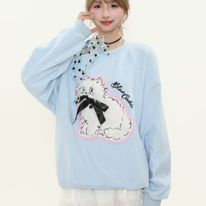 Sweet Cute Plush Cat Lace Bow Off-Shoulder Sweatshirt for Women - Spring Loose Pullover Top, Y2K Style Fashion