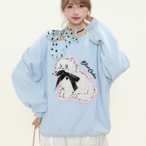 Sweet Cute Plush Cat Lace Bow Off-Shoulder Sweatshirt for Women - Spring Loose Pullover Top, Y2K Style Fashion