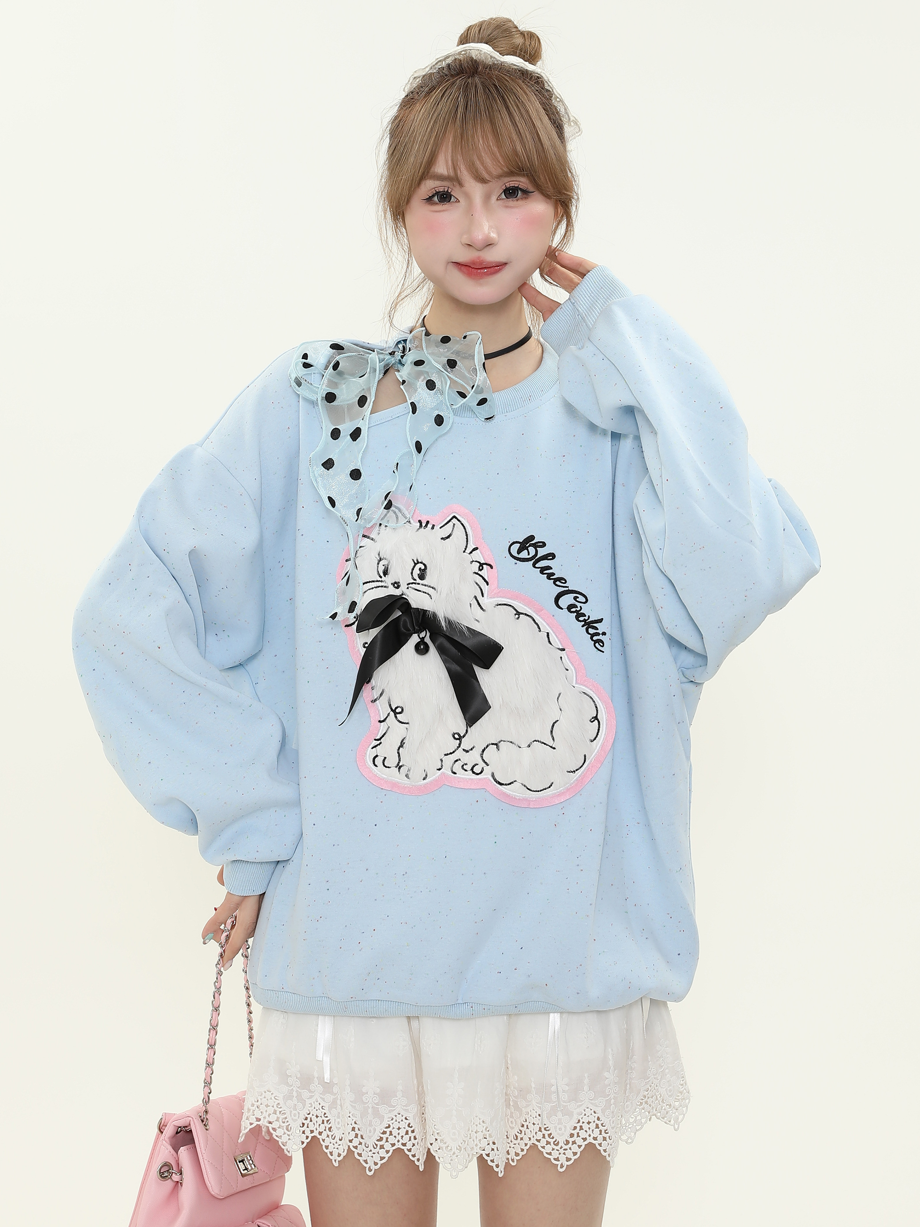 Sweet Cute Plush Cat Lace Bow Off-Shoulder Sweatshirt for Women - Spring Loose Pullover Top, Y2K Style Fashion