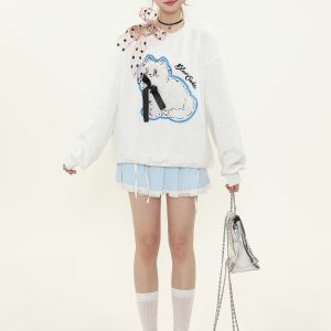Sweet Cute Plush Cat Lace Bow Off-Shoulder Sweatshirt for Women - Spring Loose Pullover Top, Y2K Style Fashion
