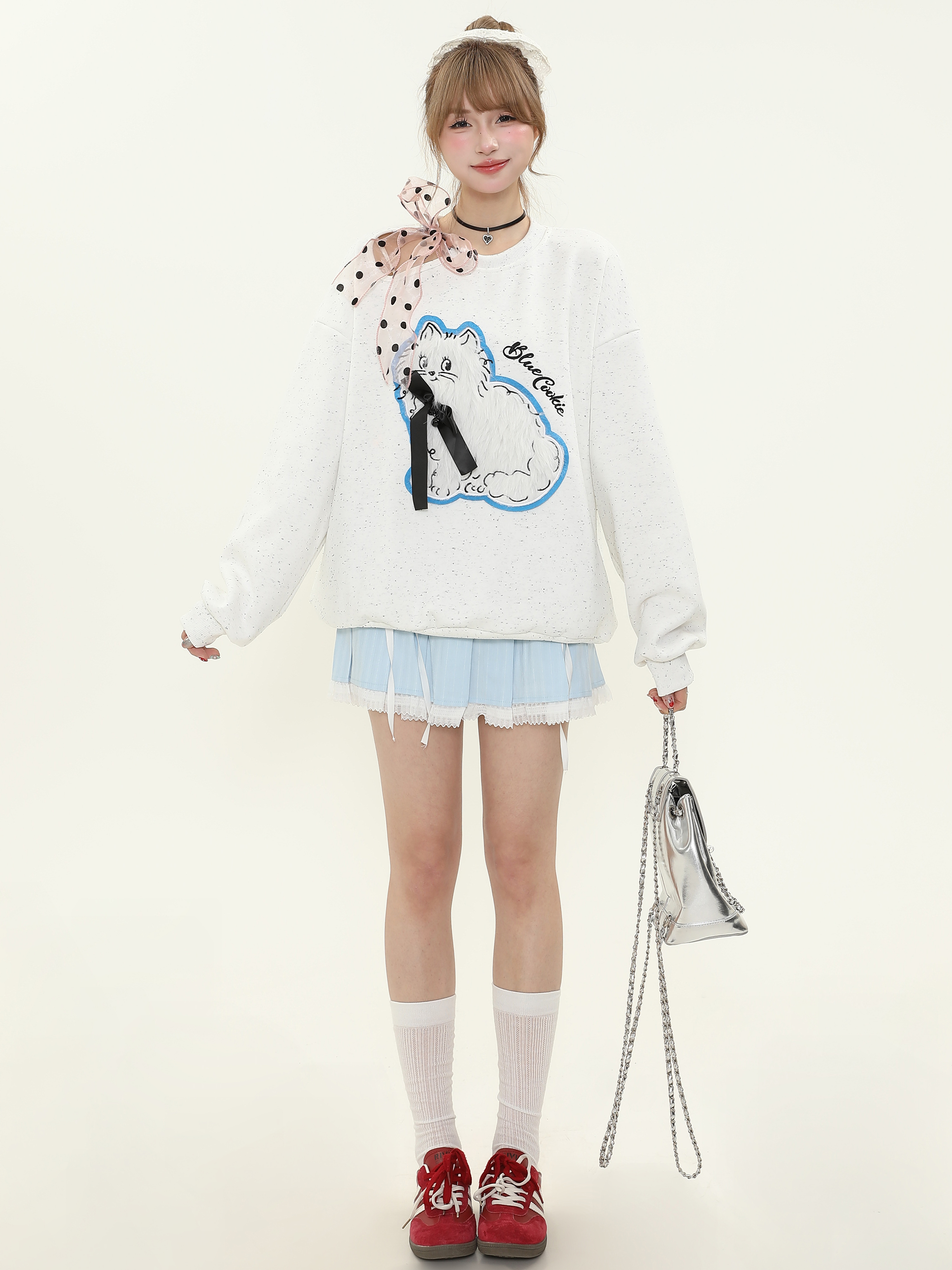 Sweet Cute Plush Cat Lace Bow Off-Shoulder Sweatshirt for Women - Spring Loose Pullover Top, Y2K Style Fashion