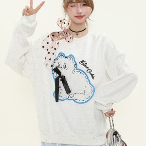 Sweet Cute Plush Cat Lace Bow Off-Shoulder Sweatshirt for Women - Spring Loose Pullover Top, Y2K Style Fashion