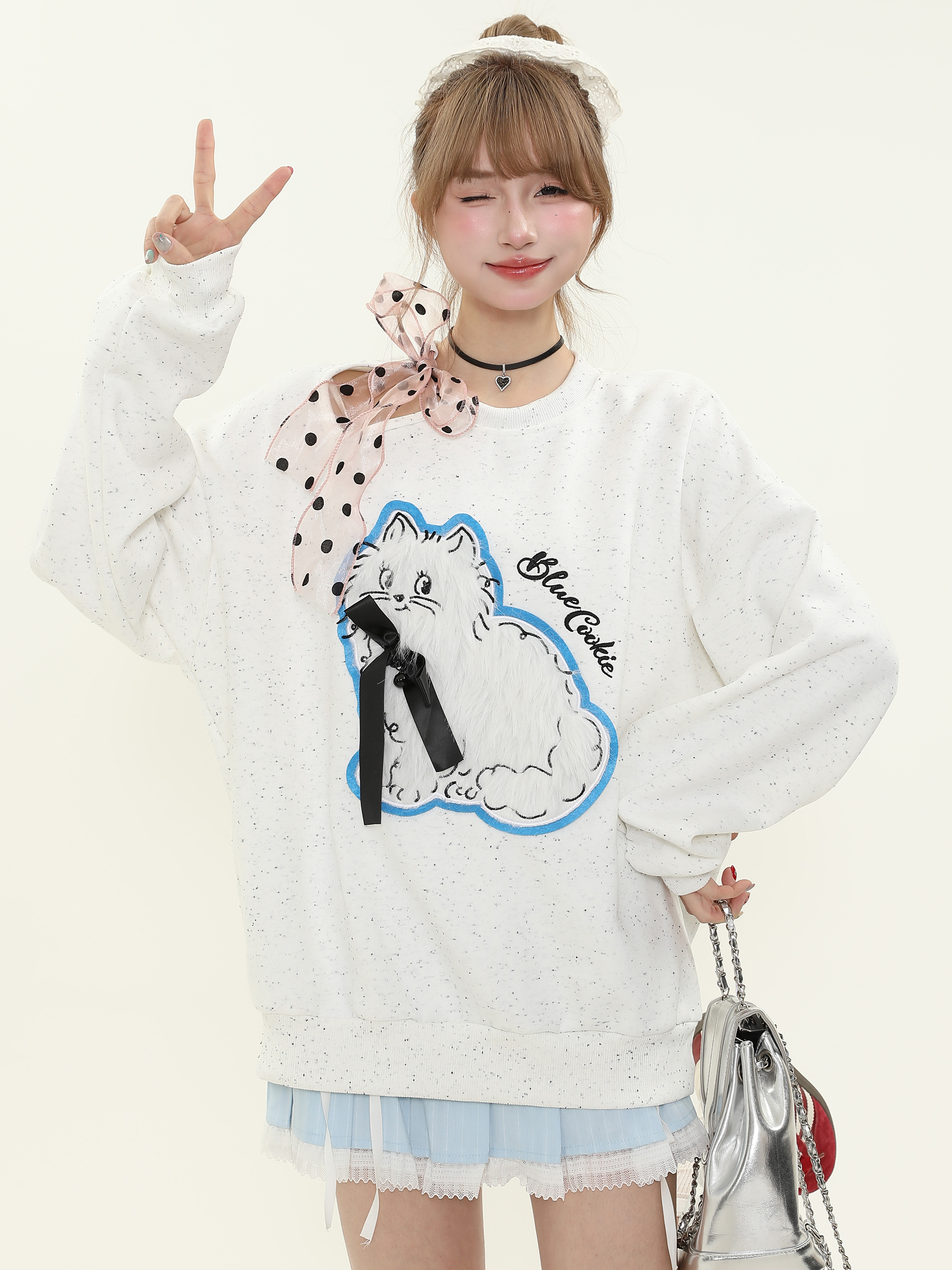 Sweet Cute Plush Cat Lace Bow Off-Shoulder Sweatshirt for Women - Spring Loose Pullover Top, Y2K Style Fashion