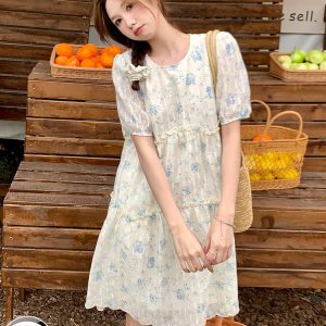 Sweet Floral Chiffon Dress for Women - Summer 2025 Loose Fit Petite Fairy Style with Forest Vibes