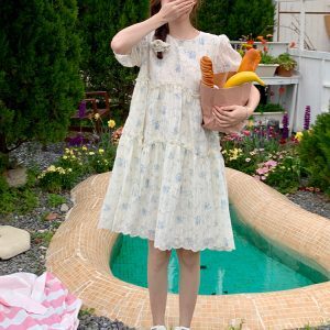 Sweet Floral Chiffon Dress for Women - Summer 2025 Loose Fit Petite Fairy Style with Forest Vibes