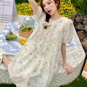 Sweet Floral Chiffon Dress for Women - Summer 2025 Loose Fit Petite Fairy Style with Forest Vibes