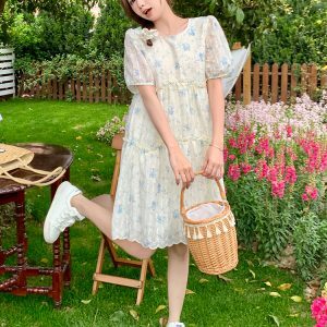 Sweet Floral Chiffon Dress for Women - Summer 2025 Loose Fit Petite Fairy Style with Forest Vibes