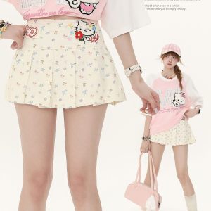 Sweet Floral High Waist Pleated A-Line Skirt for Women - Summer Slim Fit Puff Skirt, Perfect for Y2K and Casual Outfits