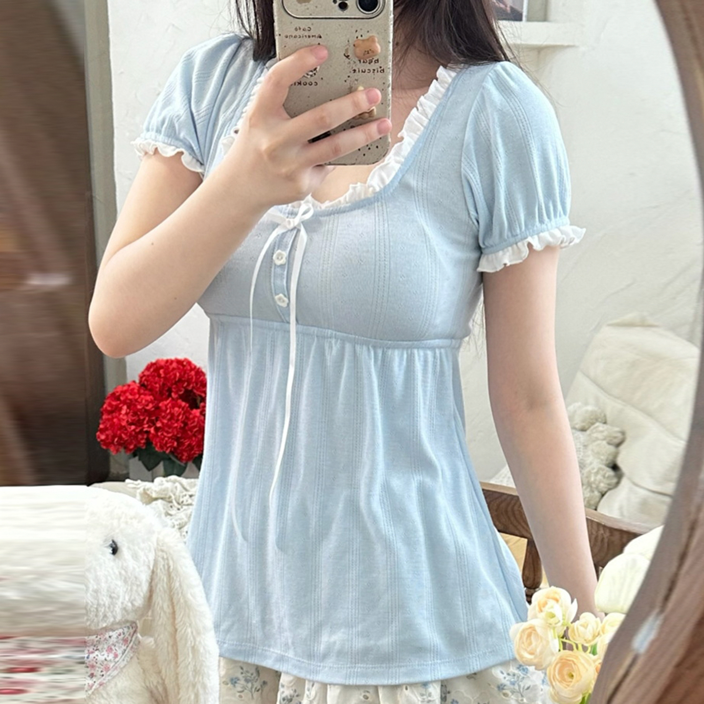 Sweet Fresh Blue Bubble Sleeve Knitted T-Shirt for Women - Color Block Ruffled Square Neck Loose Top, Y2K Inspired Fashion