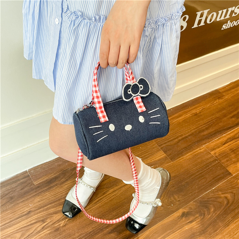 Sweet Hello Kitty Denim Plaid Shoulder Crossbody Bag for Women, 2025 Fashion Small Tote Bag, Cute Y2K Style
