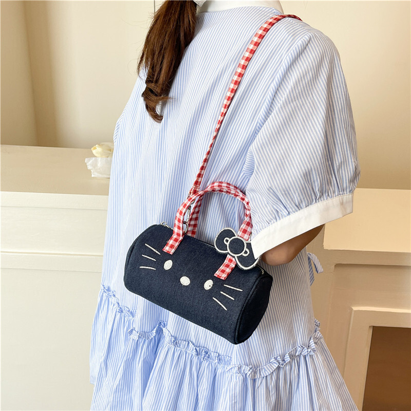 Sweet Hello Kitty Denim Plaid Shoulder Crossbody Bag for Women, 2025 Fashion Small Tote Bag, Cute Y2K Style