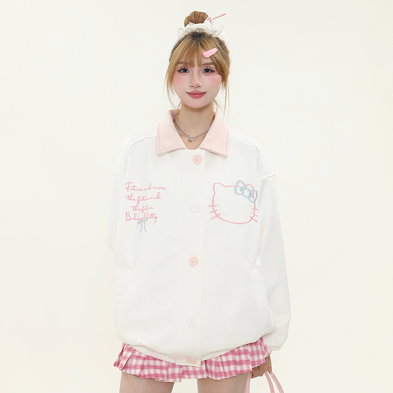 Sweet Kitty Cat Embroidered Color-Block Lapel Jacket for Women - 2025 Spring Loose Casual Coat, Cute Y2K Style