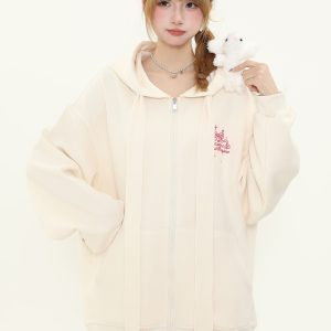 Sweet Milk Style Bow Embroidery Hooded Cardigan Sweatshirt for Women, Loose Zipper Jacket, Casual Spring Autumn Fashion