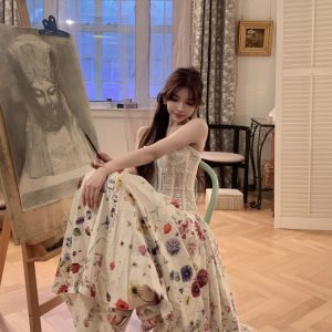 Sweet Romantic Floral Garden Printed Satin Flared Maxi Dress - Strapless Long Dress for 90s Y2K Style
