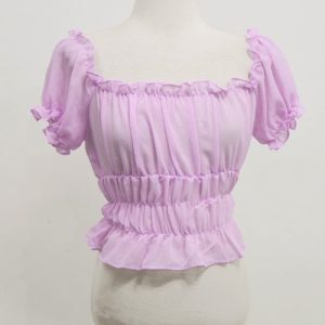 Sweet Shrimp Pink Puff Sleeve Off-Shoulder Ruched Fitted T-Shirt Women's Chiffon Top - Korean Style Fashion