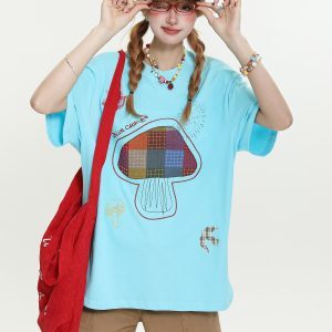 Sweet Wind Mushroom Patch Embroidery Short Sleeve T-Shirt for Women - Summer Loose Slimming Versatile Trendy Top