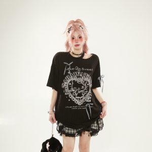 Sweet Wind White Heart Cartoon Printed Off-Shoulder Short Sleeve T-Shirt with Bow - Cute Summer Women's Top