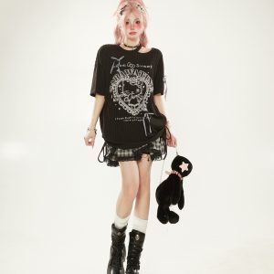 Sweet Wind White Heart Cartoon Printed Off-Shoulder Short Sleeve T-Shirt with Bow - Cute Summer Women's Top