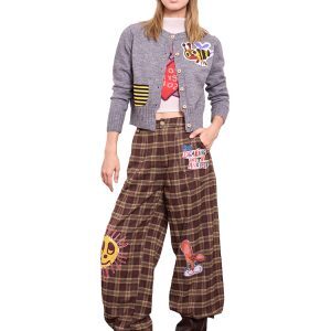 Tapered Loose Casual Pants in Brown-Yellow Plaid with Graffiti Print – Trendy Y2K Style Streetwear for an Artistic Look