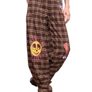 Tapered Loose Casual Pants in Brown-Yellow Plaid with Graffiti Print – Trendy Y2K Style Streetwear for an Artistic Look