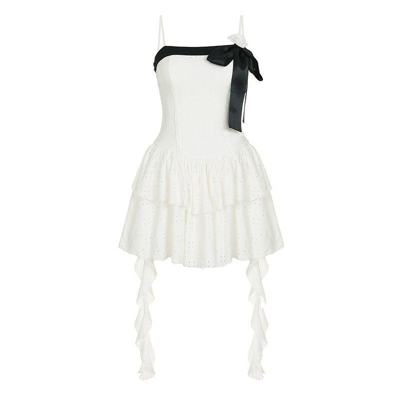 Textured Hollow Cake Dress with Contrasting Bow and Irregular Flowing Short Skirt - Elegant Banquet Style, Perfect for Parties and Events