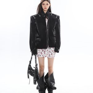 Textured Leather Jacket with Metal Airplane Buckle and Casual Pants Suit Set for Women - Stylish Outerwear Ensemble