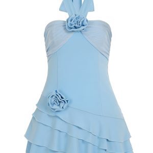 Textured Rose Neck Hanging Strap Dress for Women - Ruffled Irregular A-Line Design, French Style, Perfect for Y2K and Spring Fashion
