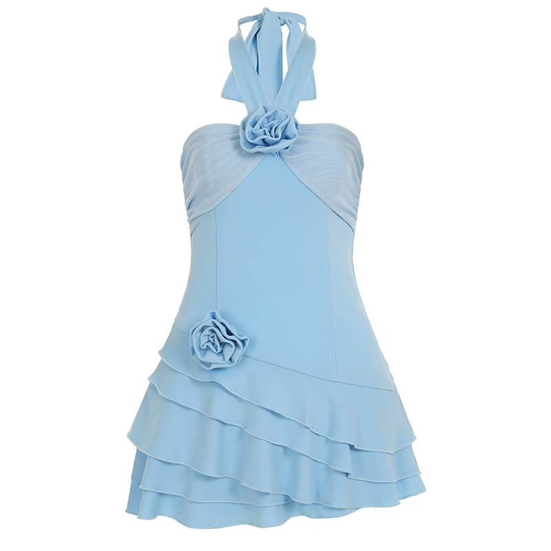 Textured Rose Neck Hanging Strap Dress for Women - Ruffled Irregular A-Line Design, French Style, Perfect for Y2K and Spring Fashion