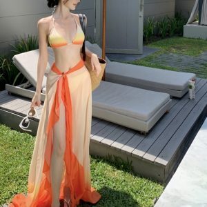 Thai-Style Spicy Girl Three-Piece Bikini Set with Long Gradient Chiffon Skirt for Beach Vacation in Stunning Sunset Orange