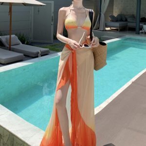 Thai-Style Spicy Girl Three-Piece Bikini Set with Long Gradient Chiffon Skirt for Beach Vacation in Stunning Sunset Orange