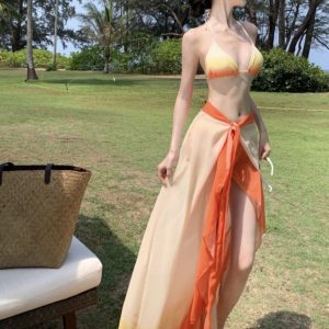 Thai-Style Spicy Girl Three-Piece Bikini Set with Long Gradient Chiffon Skirt for Beach Vacation in Stunning Sunset Orange