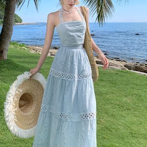Thailand Summer Halter Top & Hollow-Out Skirt Set - Embroidered Seaside Vacation Outfit