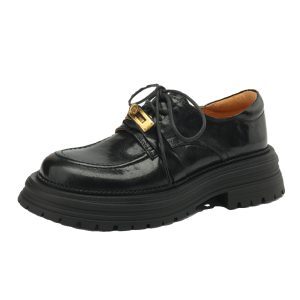 Thick-Soled British-Style Loafers for Women - Chunky Heels, Lace-Up Design, Height-Increasing Leather Shoes for Spring 2024