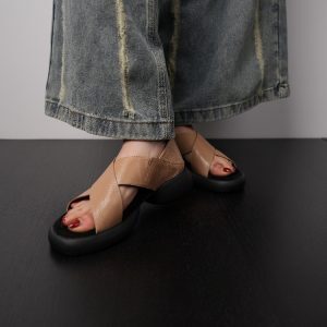 Thick-Soled Casual Sandals for Women, Lightweight Genuine Leather Summer Beach Shoes, Short-Height Increasing Vacation Footwear