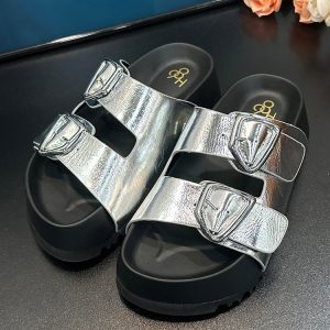 Thick-Soled Height-Increasing Double Strap Buckle Slide Sandals for Women - Versatile Genuine Leather Summer 2025 Footwear