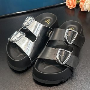 Thick-Soled Height-Increasing Double Strap Buckle Slide Sandals for Women - Versatile Genuine Leather Summer 2025 Footwear