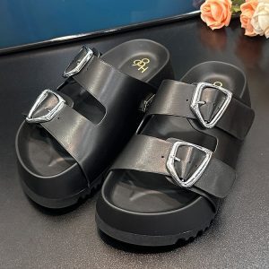 Thick-Soled Height-Increasing Double Strap Buckle Slide Sandals for Women - Versatile Genuine Leather Summer 2025 Footwear