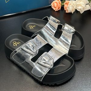 Thick-Soled Height-Increasing Double Strap Buckle Slide Sandals for Women - Versatile Genuine Leather Summer 2025 Footwear