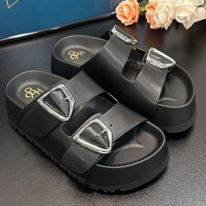 Thick-Soled Height-Increasing Double Strap Buckle Slide Sandals for Women - Versatile Genuine Leather Summer 2025 Footwear