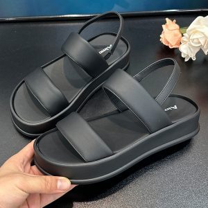 Thick-Soled One-Strap Sandals for Women - 2025 Summer Casual Roman Shoes, Soft Sole, Comfortable Black Footwear