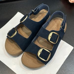 Thick-Soled Suede Sandals for Women - 2025 Summer Casual Retro Double Buckle Beach Roman Shoes, Versatile Soft-Bottom Footwear