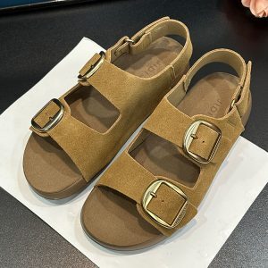 Thick-Soled Suede Sandals for Women - 2025 Summer Casual Retro Double Buckle Beach Roman Shoes, Versatile Soft-Bottom Footwear