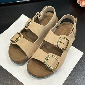 Thick-Soled Suede Sandals for Women - 2025 Summer Casual Retro Double Buckle Beach Roman Shoes, Versatile Soft-Bottom Footwear