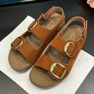 Thick-Soled Suede Sandals for Women - 2025 Summer Casual Retro Double Buckle Beach Roman Shoes, Versatile Soft-Bottom Footwear