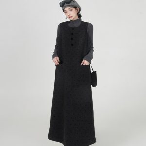 Thickened Black Polka Dot Suspender Dress for Women - Korean Style Long Loose Dress for Autumn & Winter Fashion