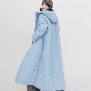 Thickened Hooded Long Sleeve Cotton Coat for Women - Solid Color Over-Knee Warm Jacket in Korean Style for Winter