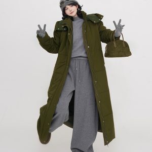 Thickened Hooded Long Sleeve Cotton Coat for Women - Solid Color Over-Knee Warm Jacket in Korean Style for Winter