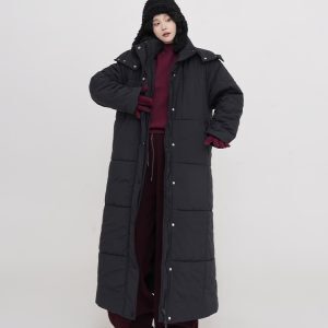 Thickened Hooded Long Sleeve Cotton Coat for Women - Solid Color Over-Knee Warm Jacket in Korean Style for Winter