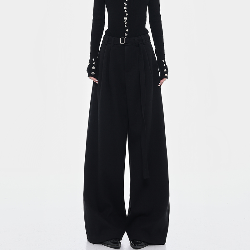 Thickened Woolen Black Suit Pants for Women, Draped Straight-Leg Wide-Leg Trousers, Autumn Winter Fashion, Casual Chic Style